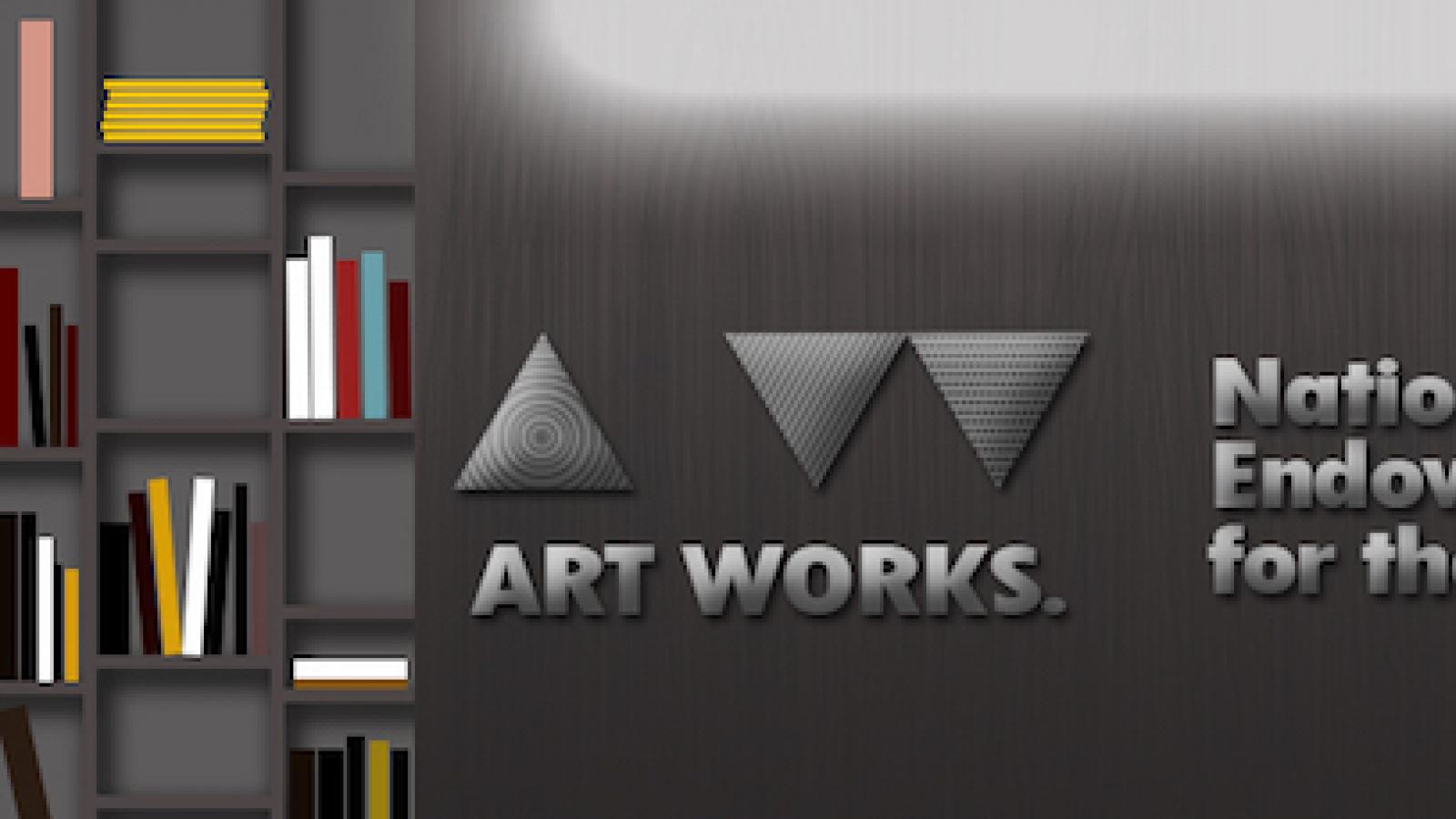 graphic rendering of the NEA lobby featuring bookshelves full of books and objects and agency name and logo