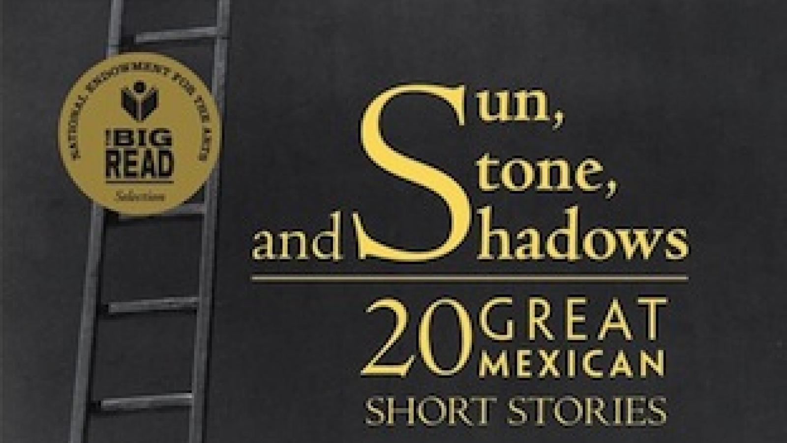 book cover for sun, stone, and shadows collection of short stories black and white image of woman carrying a pot in shadow against wall