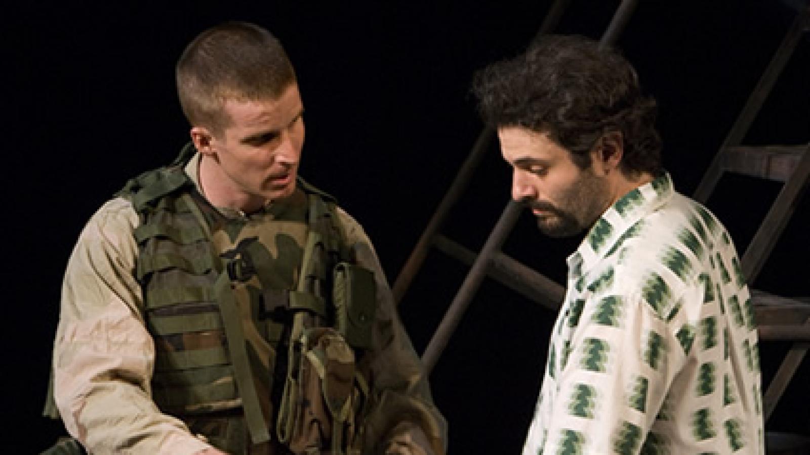 L to R: Brad Fleischer and Arian Moayed in the world premiere production of "Bengal Tiger at the Baghdad Zoo" by Rajiv Joseph, directed by Moisés Kaufman, at the Center Theatre Group/Kirk Douglas Theatre. Photo by Craig Schwartz