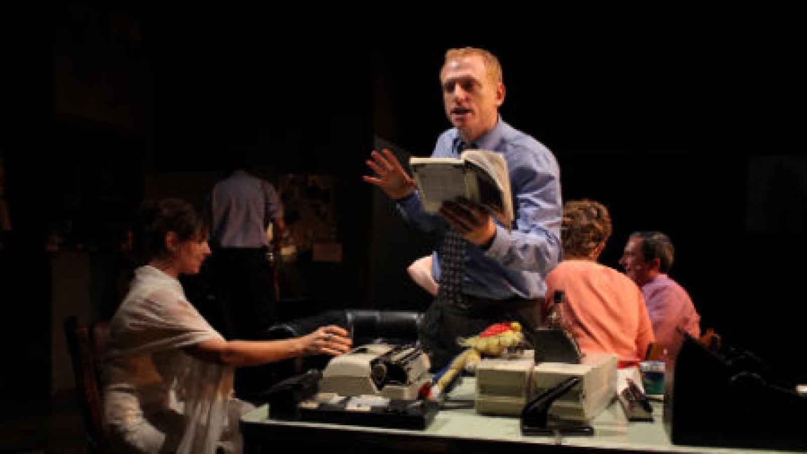 Laurena Allan, Scott Shepherd, Kate Scelsa, and Vin Knight perform a scene of Gatz. Photo by Paula Court