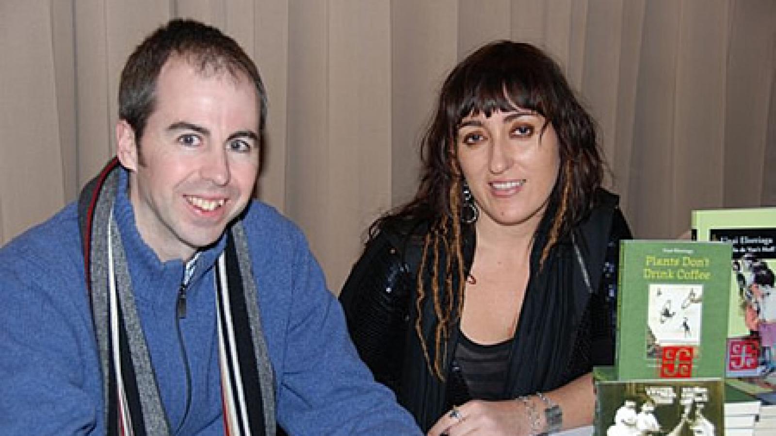 Basque author Unai Elorriaga (left) and translator Amaia Gabantxo at the book launch for "Plants Don?t Drink Coffee" in January 2010. Photo by Debra Corrie