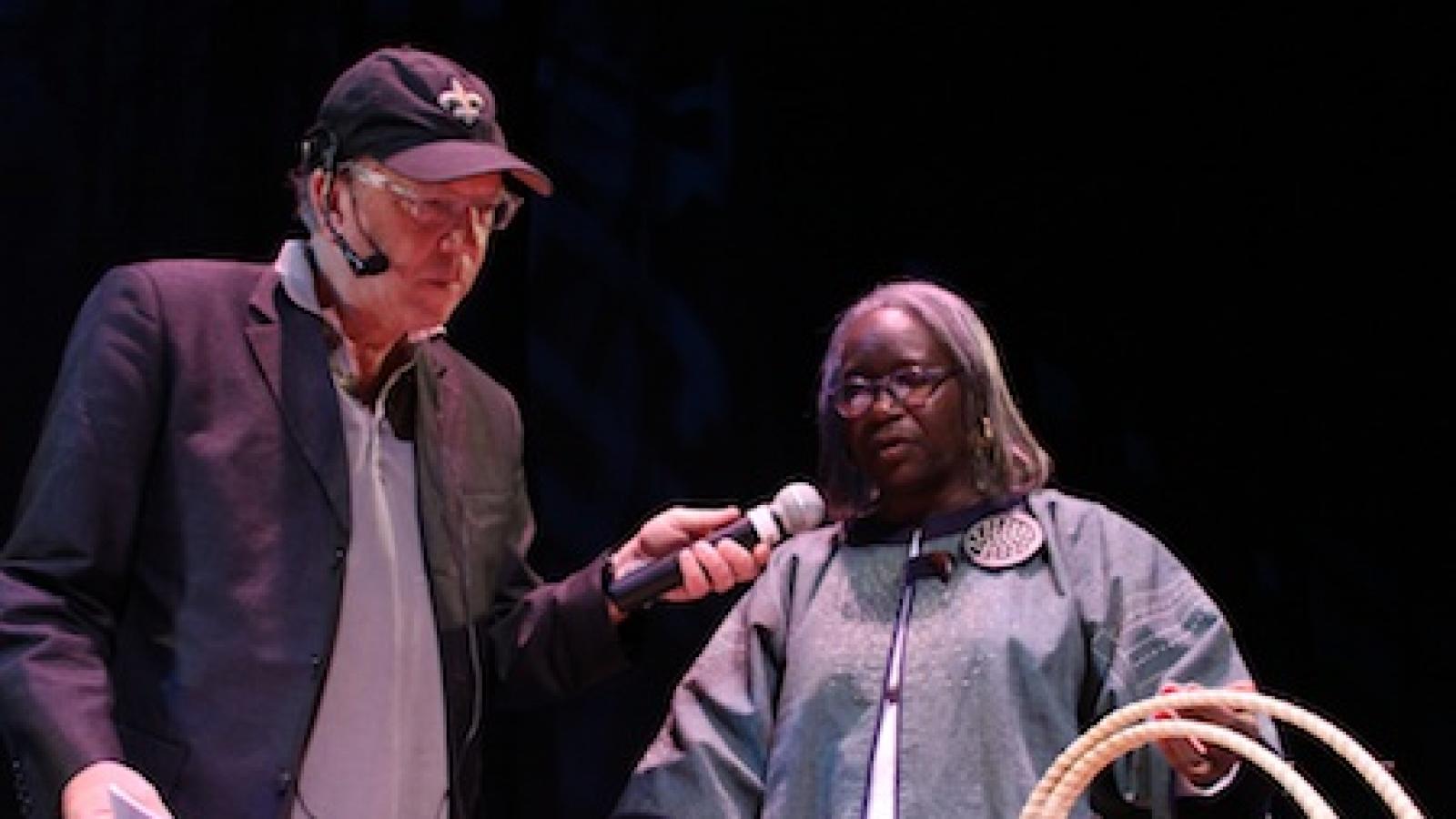 Mary Jackson talks about the art of sweetgrass basket making with Nick Spitzer at the 2010 NEA Heritage Fellows celebration. Photo by Michael Stewart