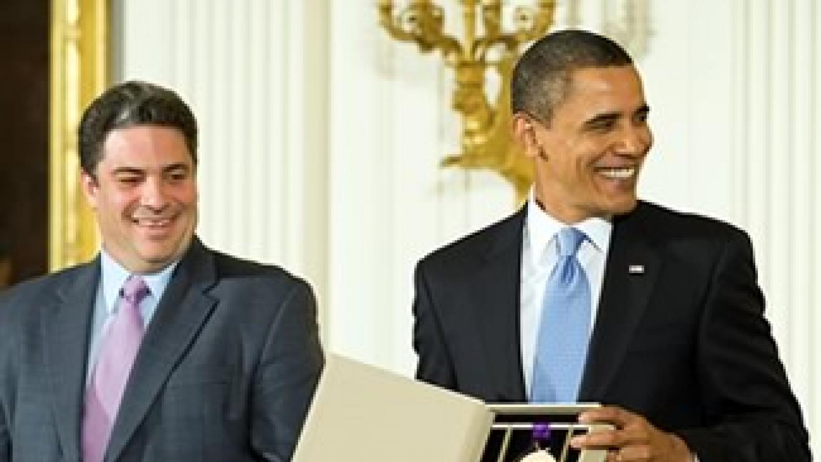 Dean David Stull accepting the 2009 National Medal of Arts from President Obama on behalf of the Oberlin Conservatory of Music. Photo by Richard Frasier