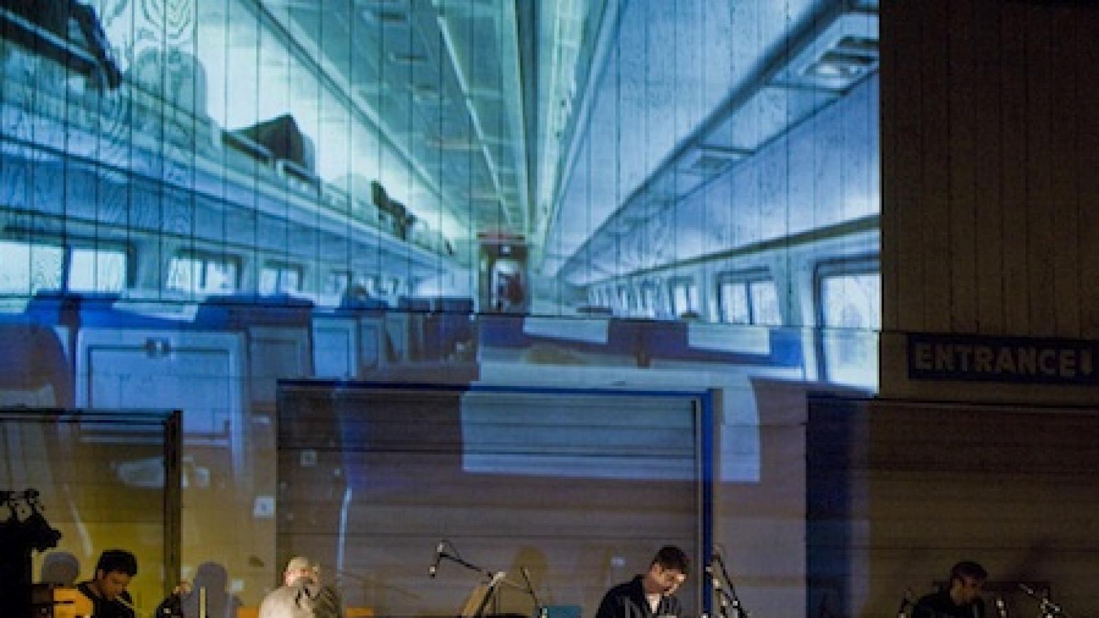 So Percussion performing "Music for Trains" opposite the train depot in Brattleboro Vermont in 2008. photo by Jeff Woodward