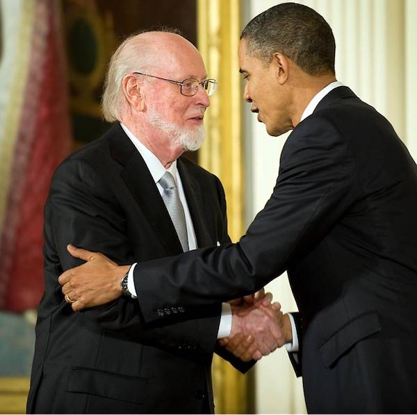 2009 National Medal of Arts recipient and composer/conductor John Williams receives his medal from President Barack Obama