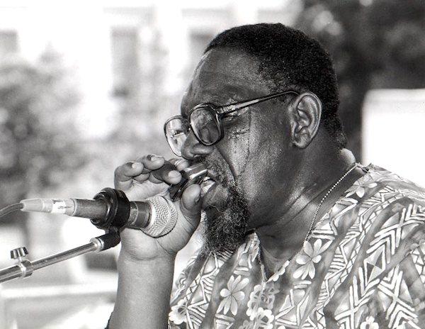 A man playing a harmonica.