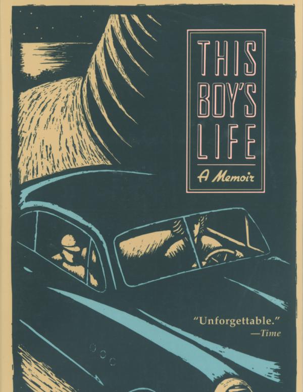 Book cover: title and author name in pink and white outline type over a background of an illustration of a car making its way around a curve on a mountain road