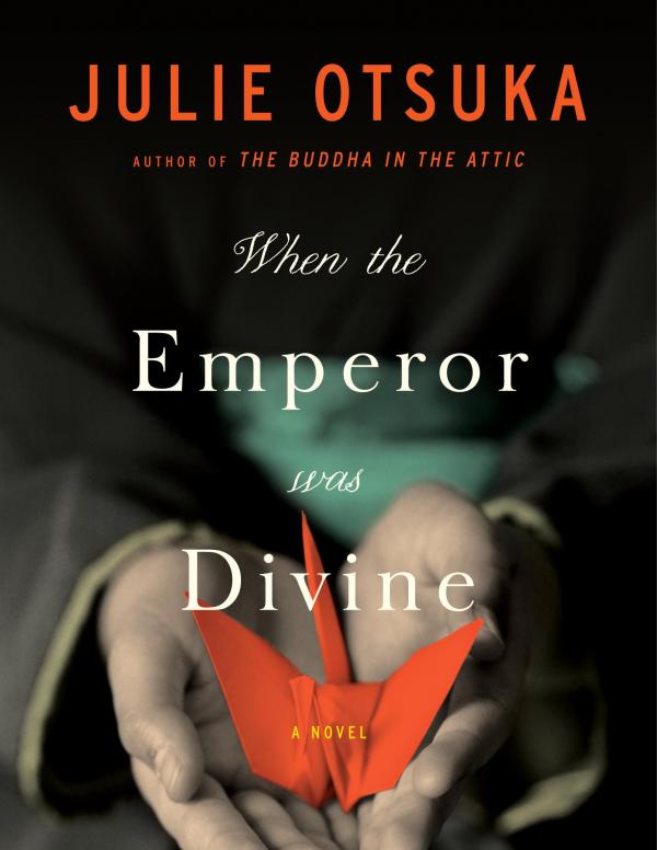 Book cover: author name in all caps orange, title in white against a background of two hands offering an orange origami bird
