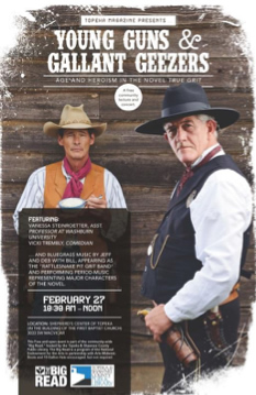 Poster with title Young Guns &amp; Gallant Geezers. A cowboy and a sheriff stand beneath the title.